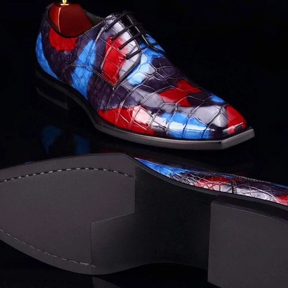 Crocodile Shoes Mens Multi Color Square Toe Lace Up Genuine Crocodile Leather Dress Shoe