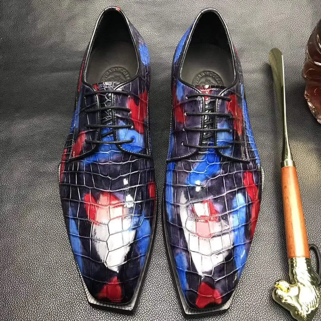 Crocodile Shoes Mens Multi Color Square Toe Lace Up Genuine Crocodile Leather Dress Shoe