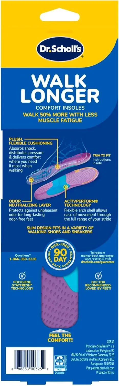 Dr. Scholl's Walk Longer Insoles for Women - Comfortable Plush Foam Cushioning Inserts for Walking, Hiking, and Standing on Feet All-Day with Arch Support - Walk 50% Longer Without Muscle Fatigue