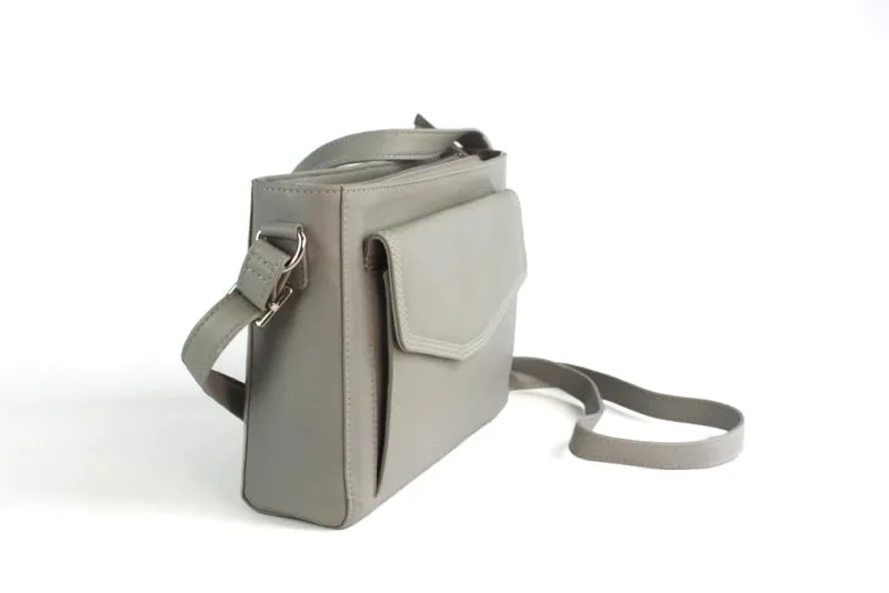 Finest Soft Leather Cross Body Handbag with Front and Rear Pocket Detailing - Pale Grey