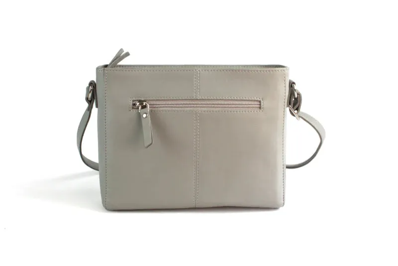 Finest Soft Leather Cross Body Handbag with Front and Rear Pocket Detailing - Pale Grey