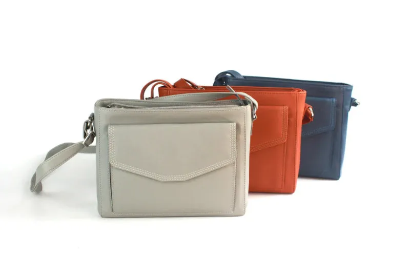Finest Soft Leather Cross Body Handbag with Front and Rear Pocket Detailing - Pale Grey