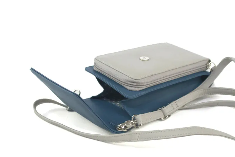 Finest Soft Leather Slim Cross Body Handbag Purse Marian Blue & Grey