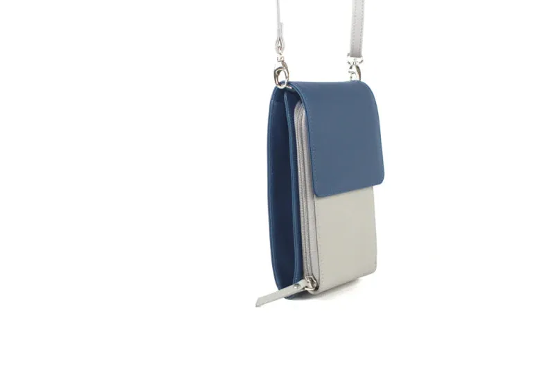 Finest Soft Leather Slim Cross Body Handbag Purse Marian Blue & Grey
