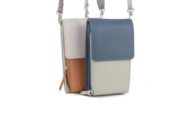 Finest Soft Leather Slim Cross Body Handbag Purse Marian Blue & Grey