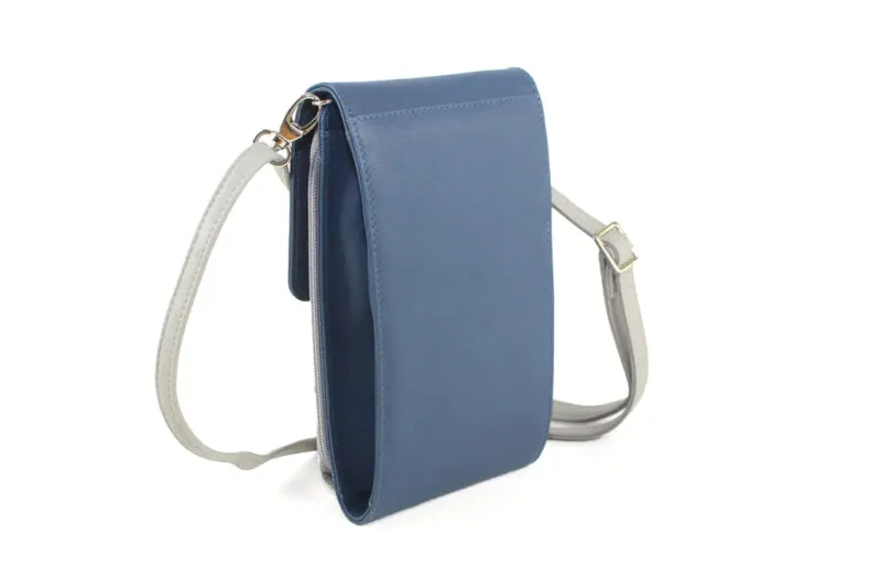 Finest Soft Leather Slim Cross Body Handbag Purse Marian Blue & Grey