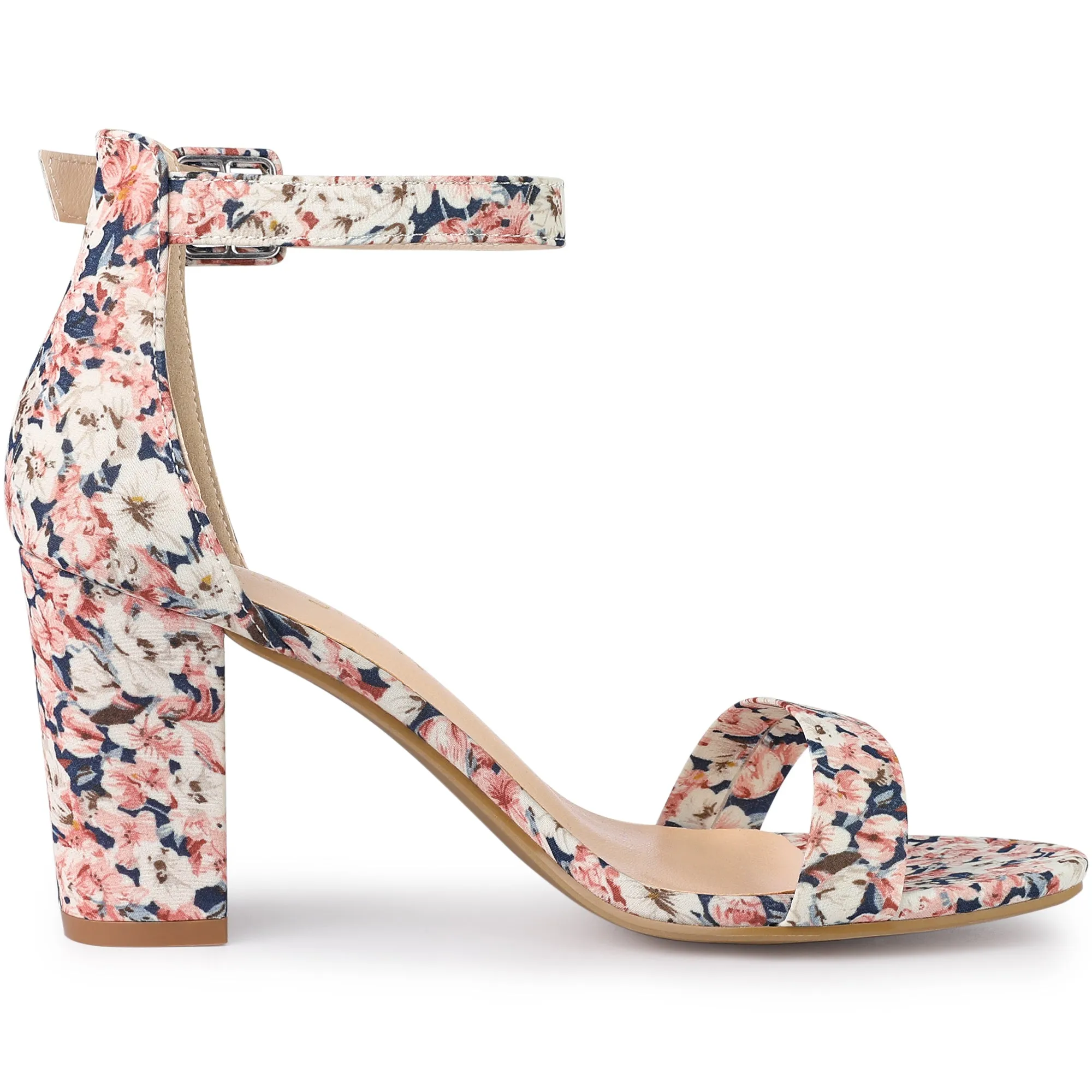 Floral Printed Open Toe Ankle Strap Block Heel Sandals