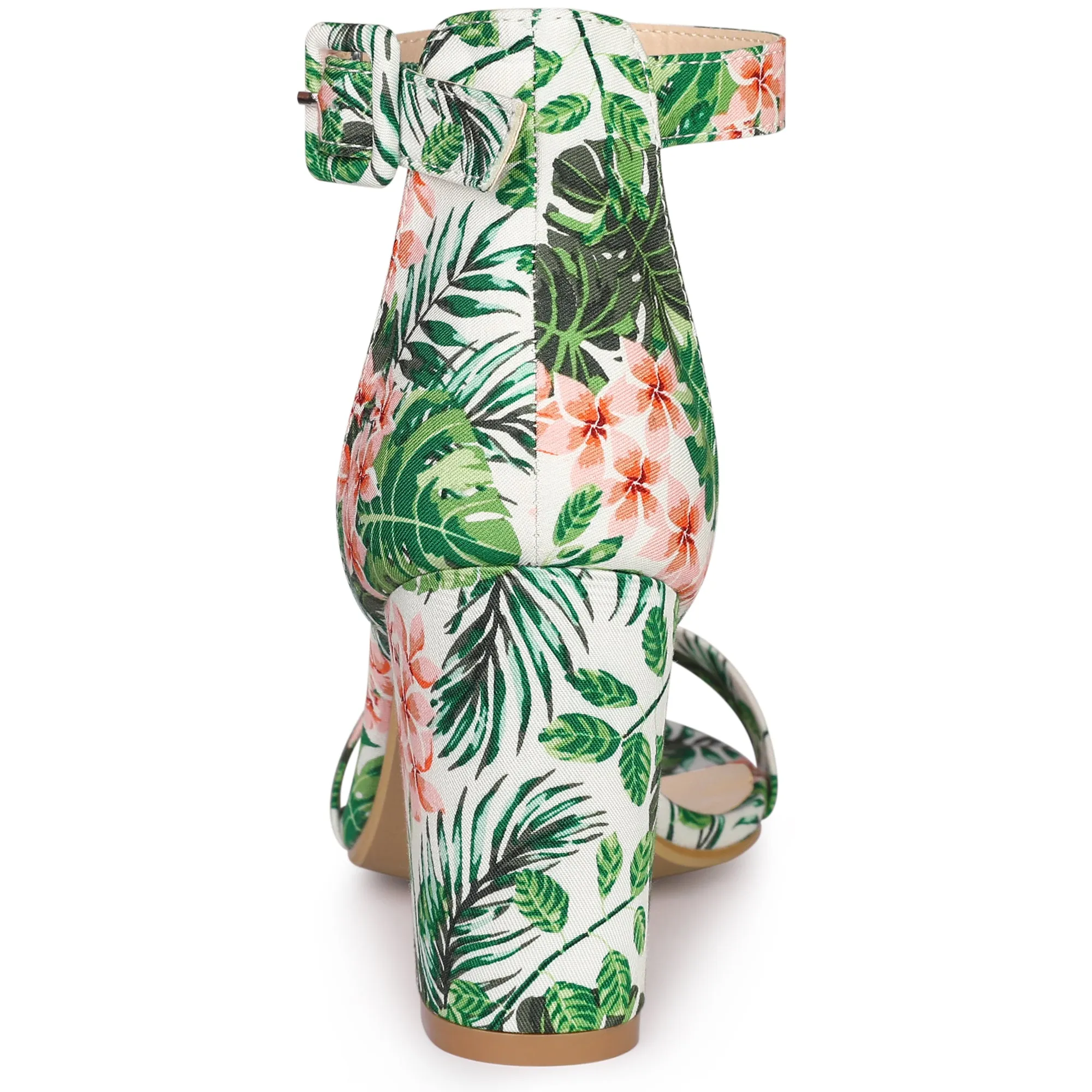 Floral Printed Open Toe Ankle Strap Block Heel Sandals
