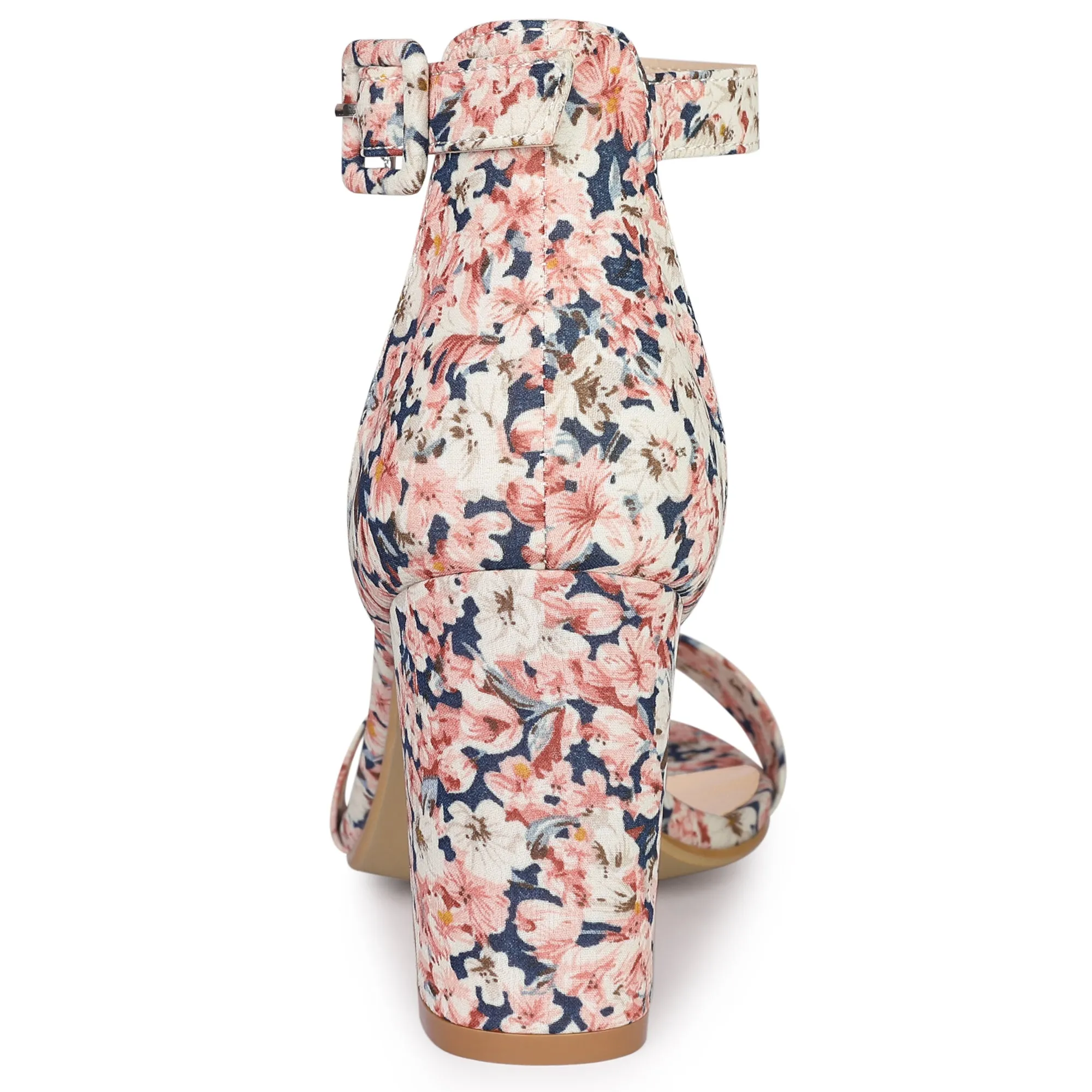 Floral Printed Open Toe Ankle Strap Block Heel Sandals
