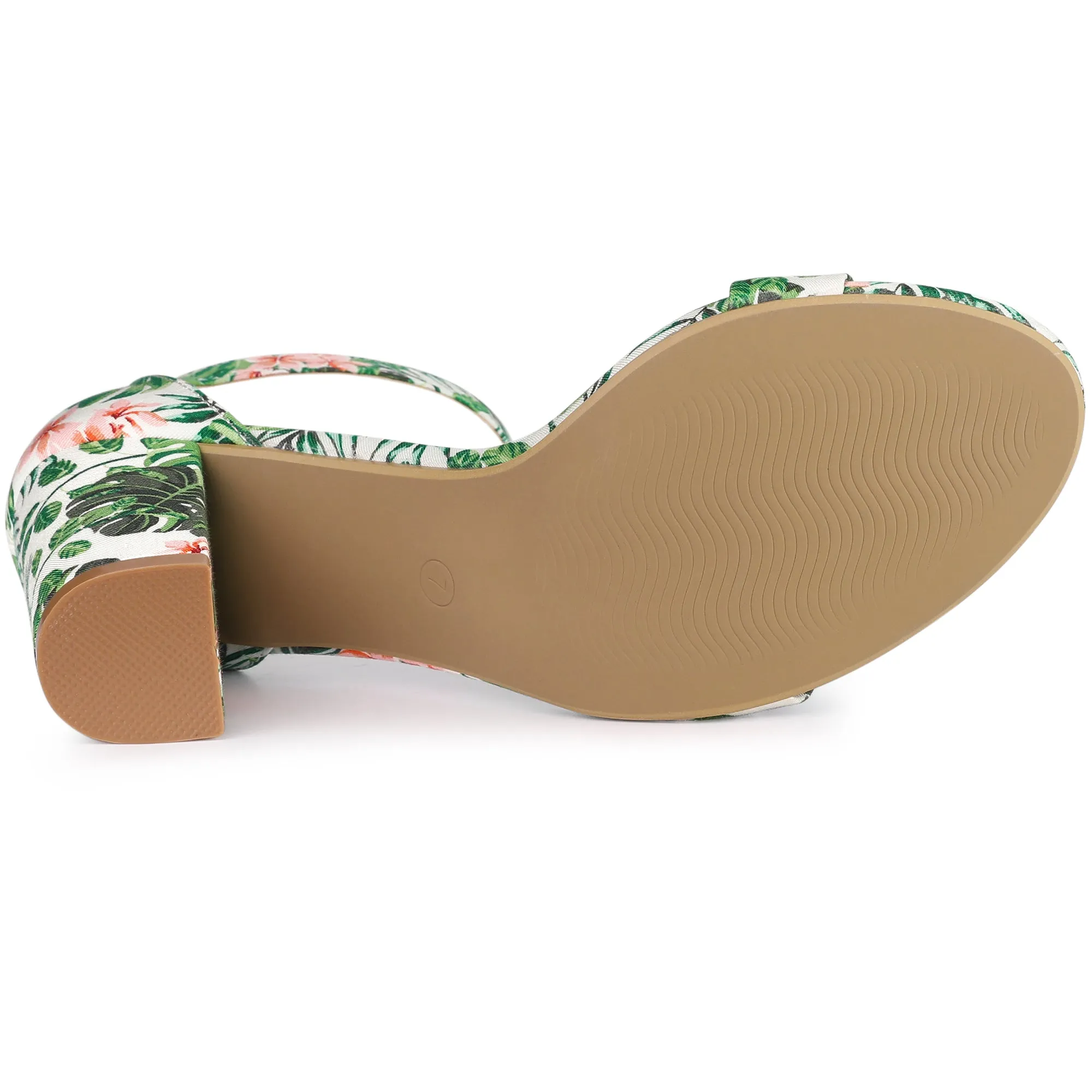 Floral Printed Open Toe Ankle Strap Block Heel Sandals