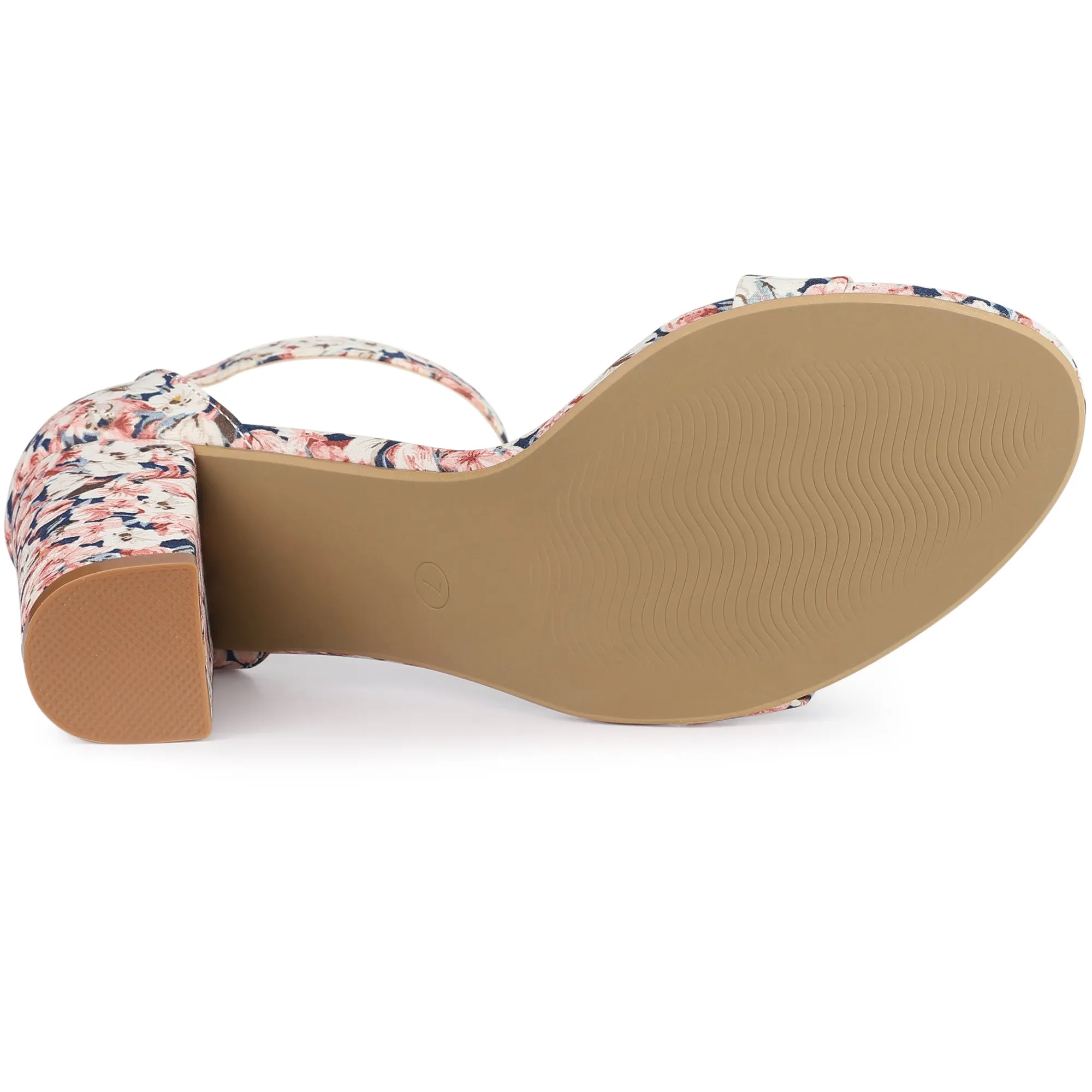 Floral Printed Open Toe Ankle Strap Block Heel Sandals