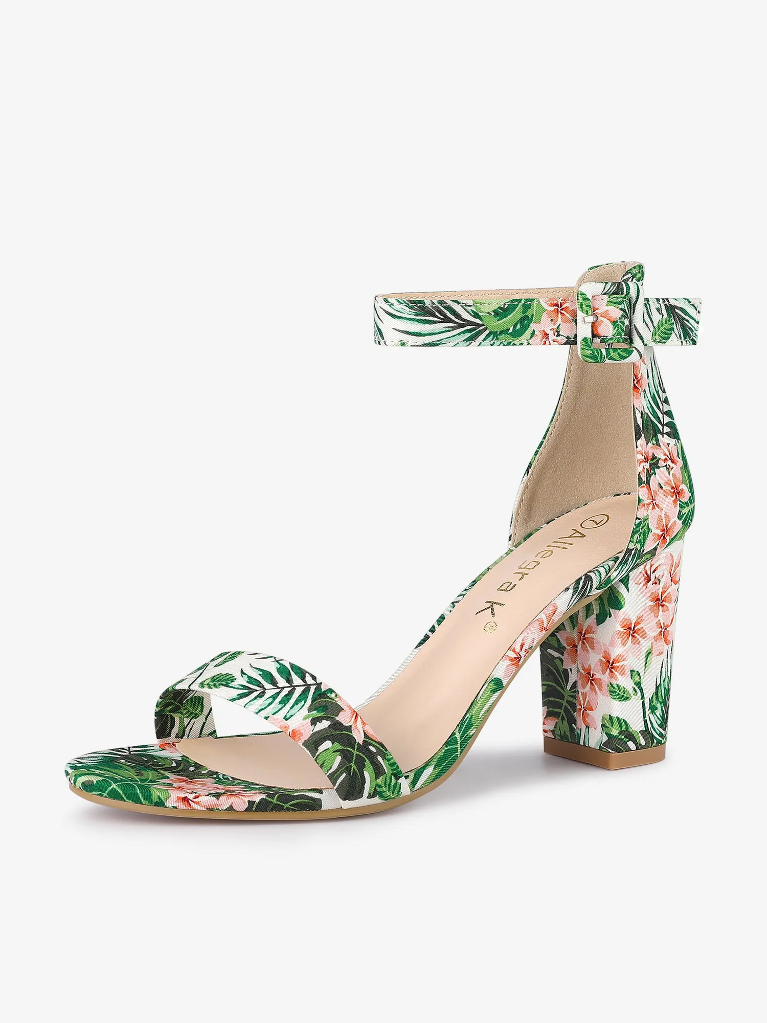 Floral Printed Open Toe Ankle Strap Block Heel Sandals