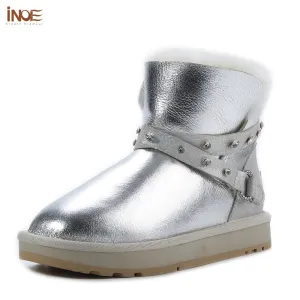 INOE Waterproof Sheepksin Leather Shearling Wool Fur Lined Short Winter Boots