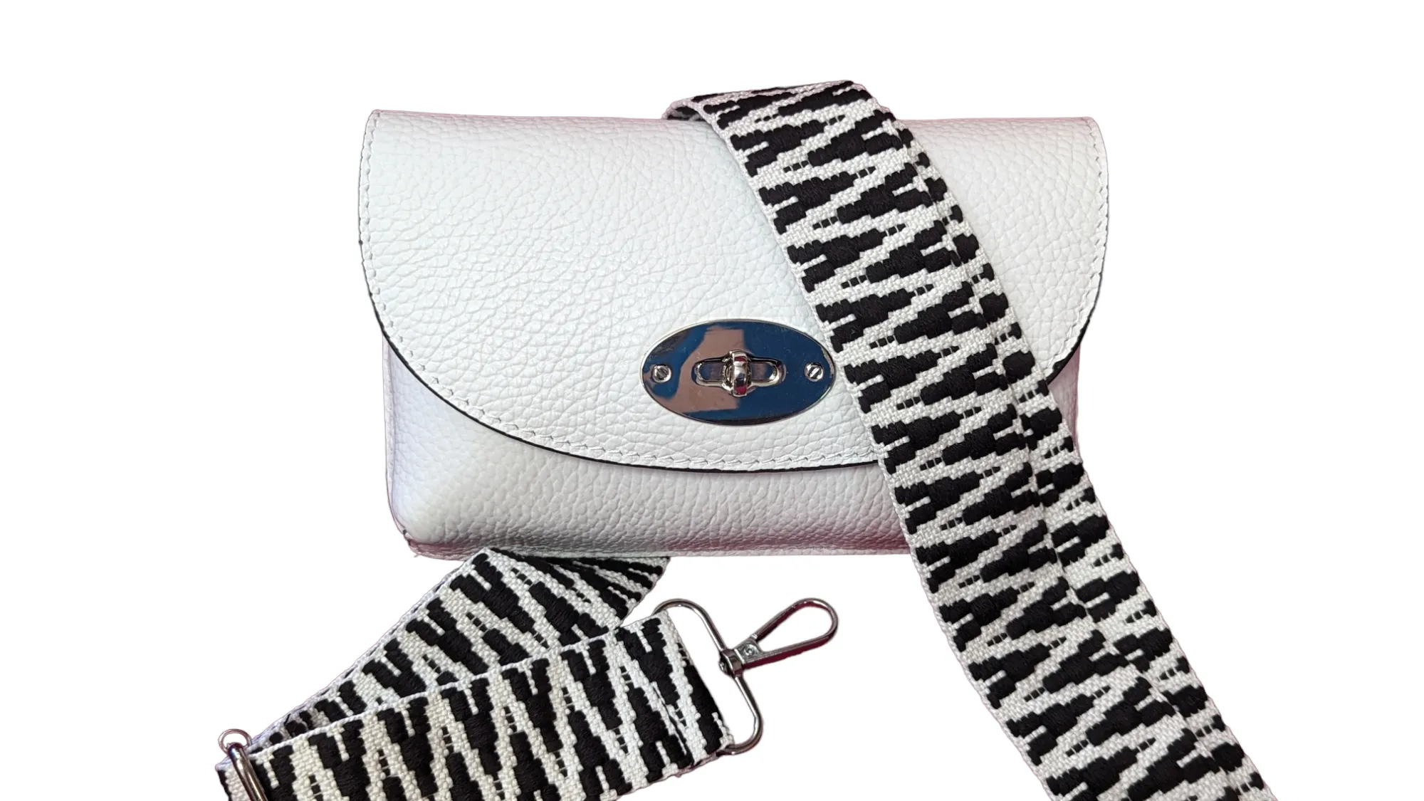 Italian Leather Mini Crossbody with Twistlock & Silver Chain Strap And Wide Strap Included Celia Black