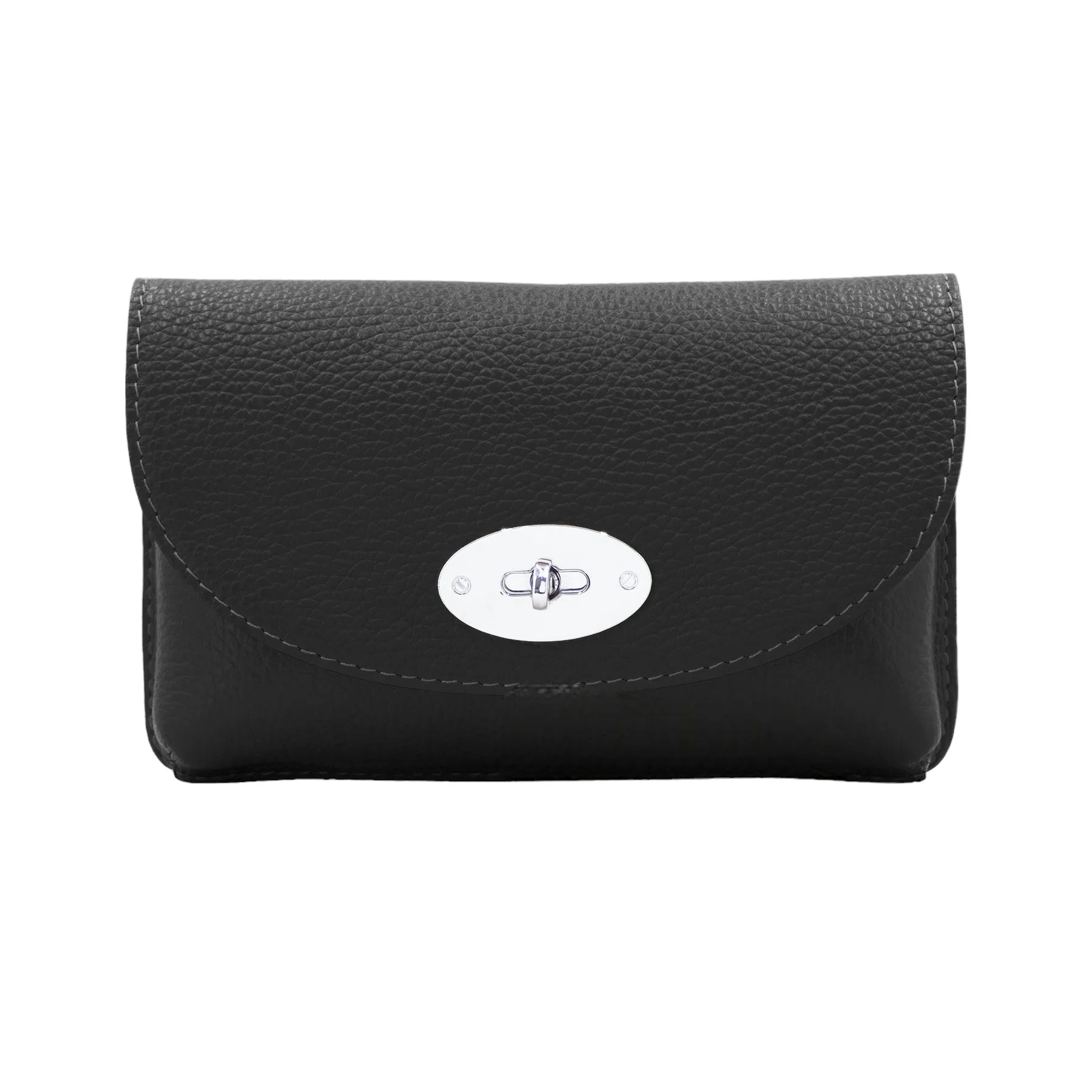 Italian Leather Mini Crossbody with Twistlock & Silver Chain Strap And Wide Strap Included Celia Black