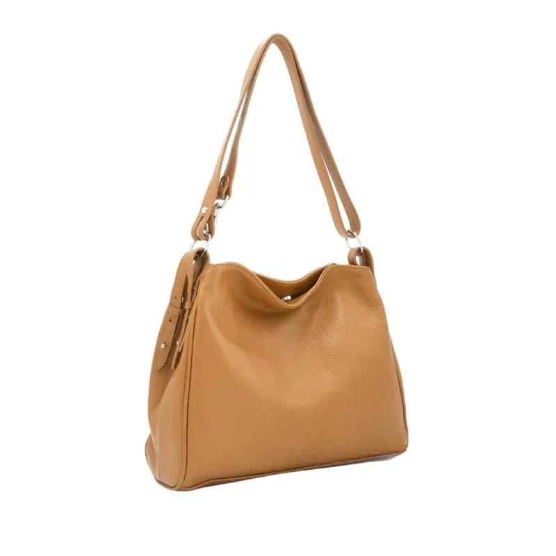 Italian Leather Two Compartments Handbag with Adjustable Strap Large Nude