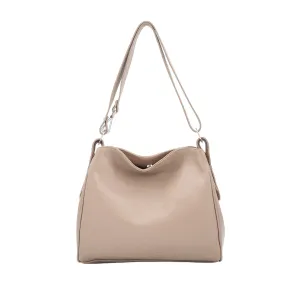 Italian Leather Two Compartments Handbag with Adjustable Strap Large Nude