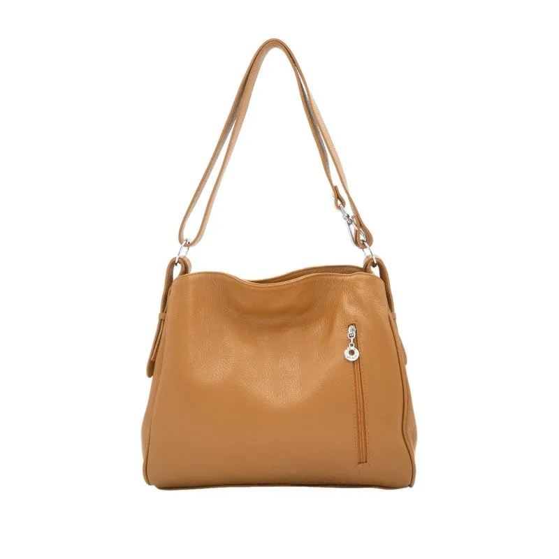 Italian Leather Two Compartments Handbag with Adjustable Strap Large Nude