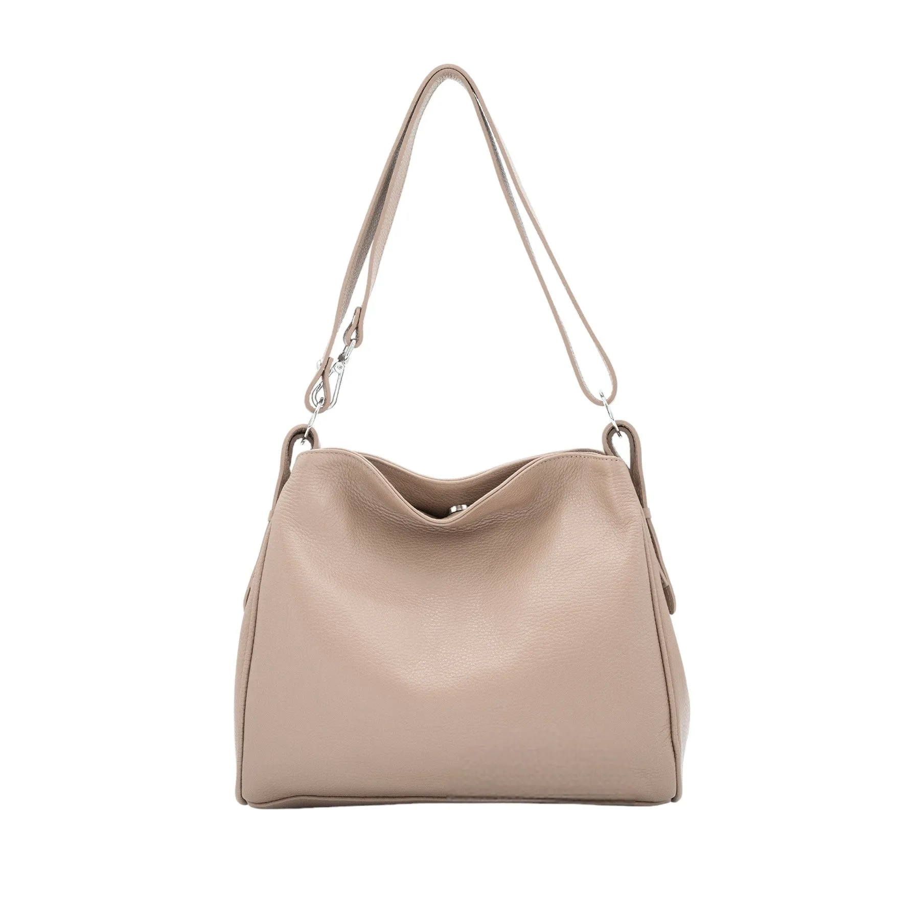 Italian Leather Two Compartments Handbag with Adjustable Strap Large Nude
