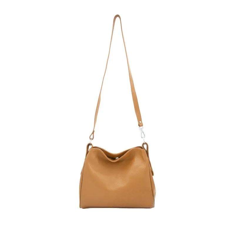 Italian Leather Two Compartments Handbag with Adjustable Strap Large Nude