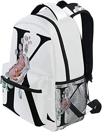 K Letter with Flower Backpacks Multifunctional Shoulder Backpack Travel Daypack Laptop Bag Casual Bags