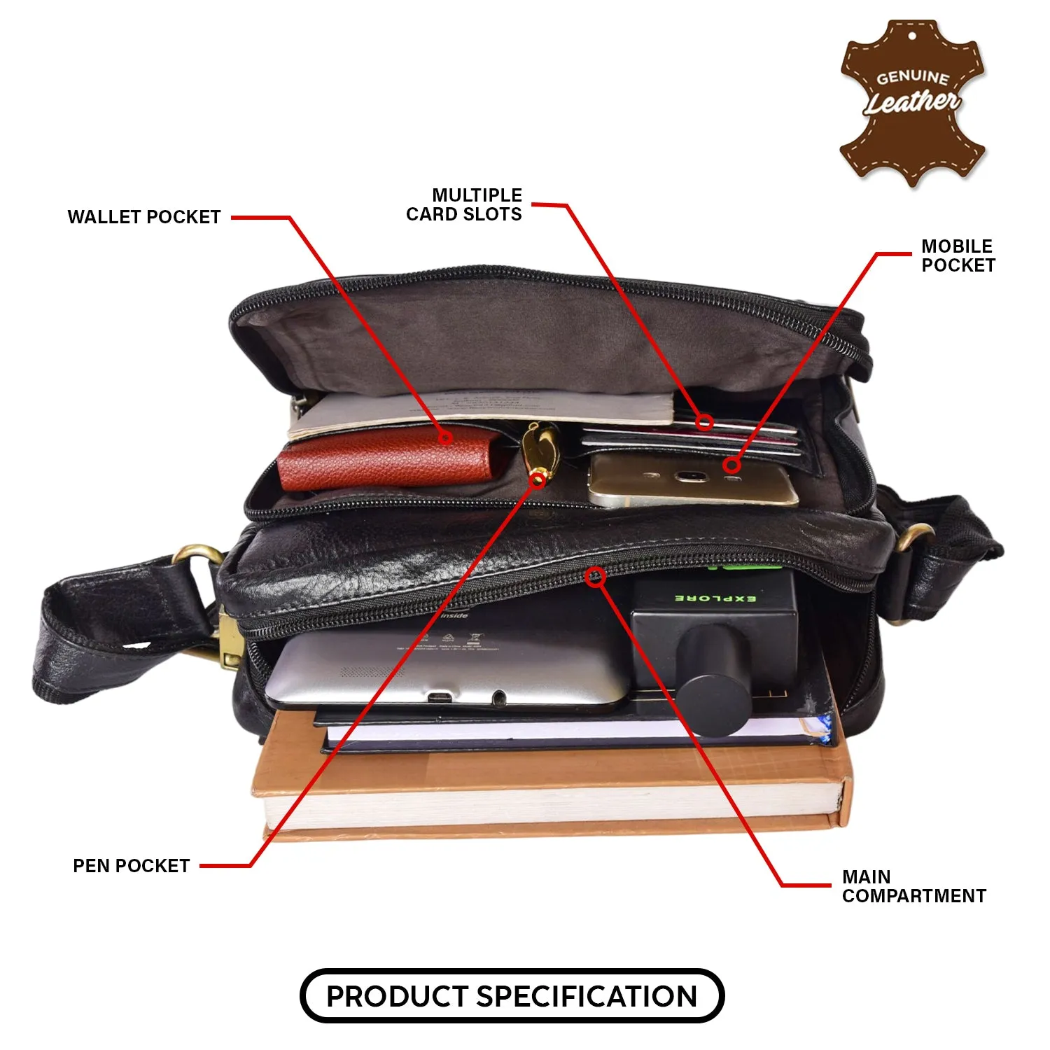 Leather Messenger Bag 36819 (BLACK)