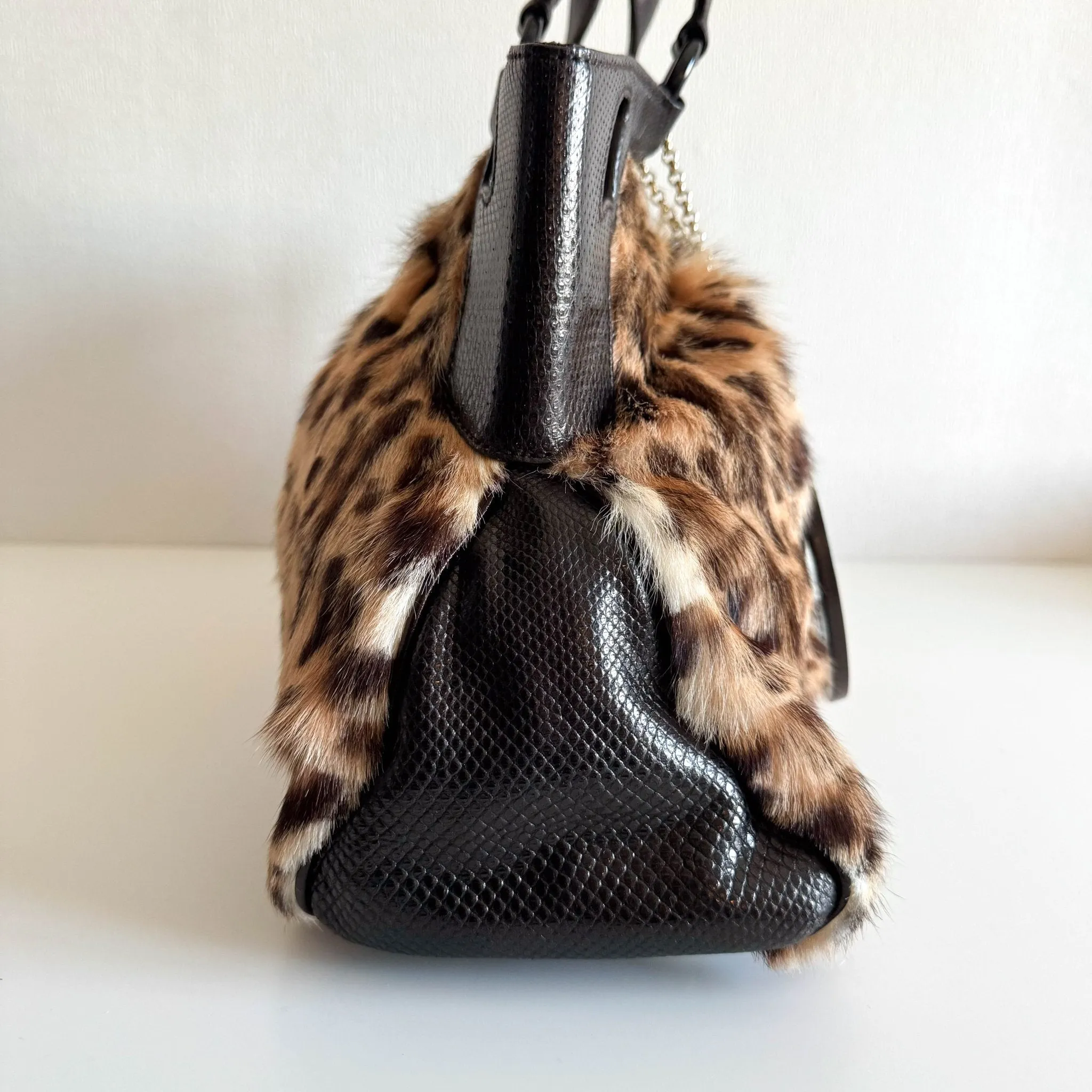 Marcello Leopard Print Fur / Leather Shoulder Tote Handbag