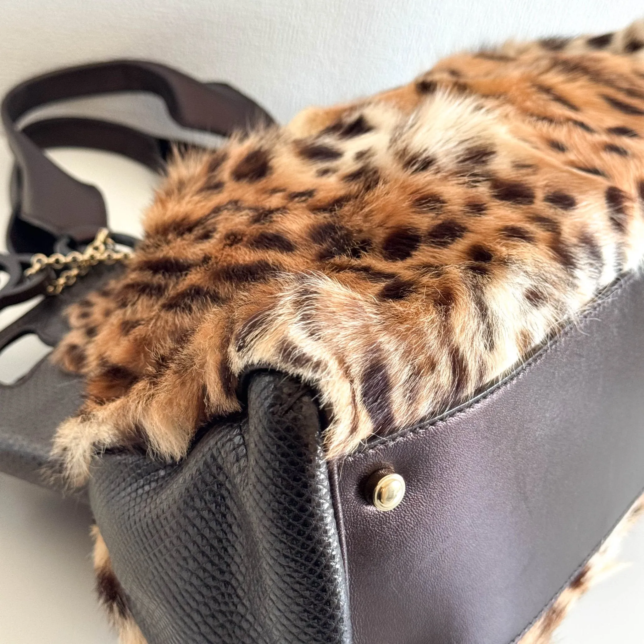 Marcello Leopard Print Fur / Leather Shoulder Tote Handbag