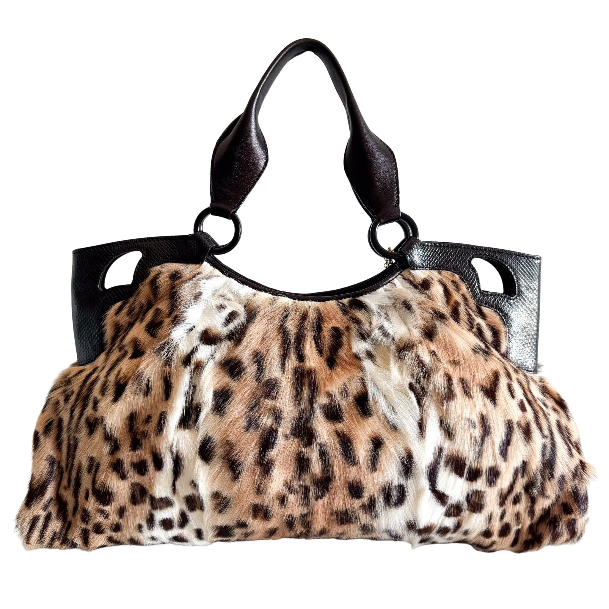 Marcello Leopard Print Fur / Leather Shoulder Tote Handbag