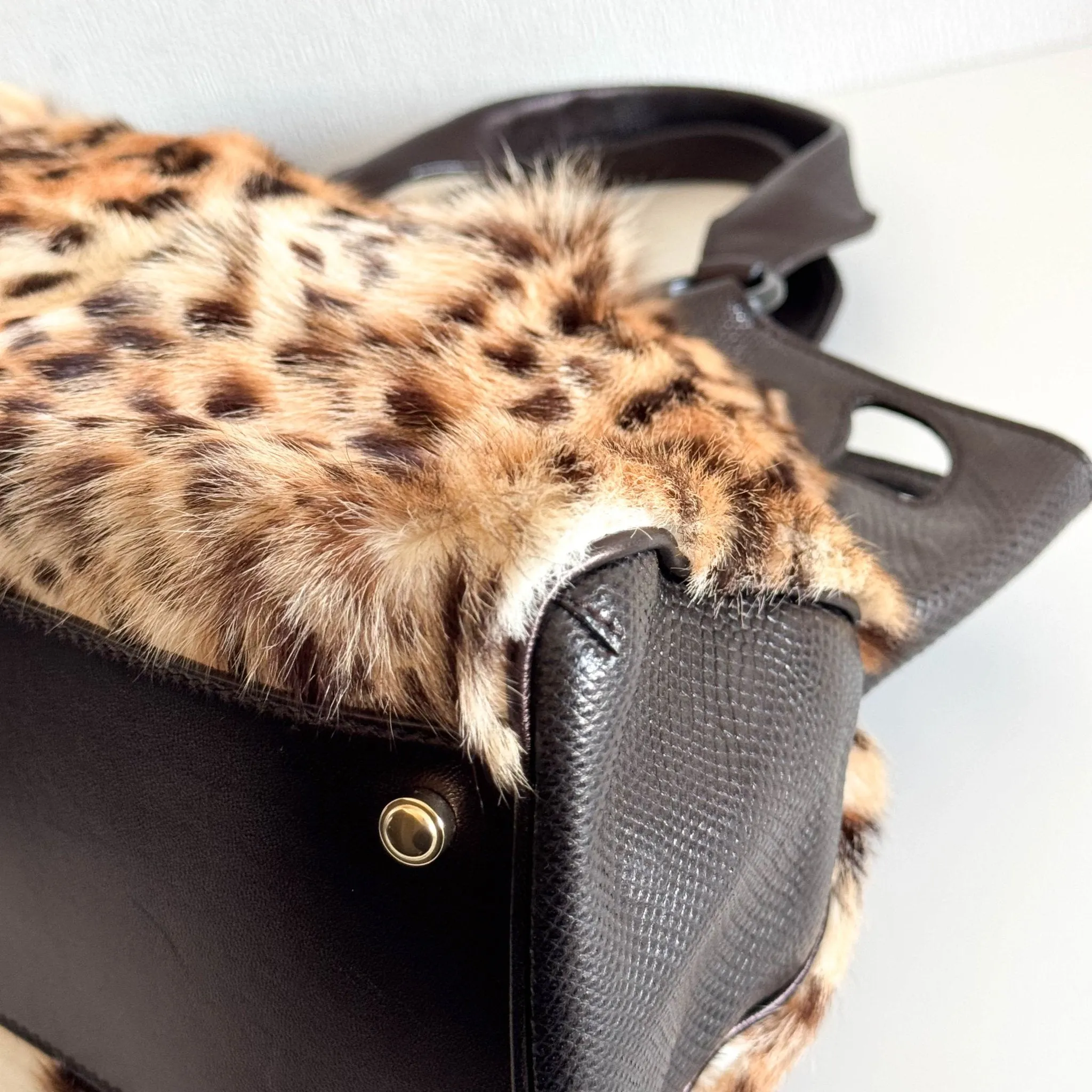 Marcello Leopard Print Fur / Leather Shoulder Tote Handbag