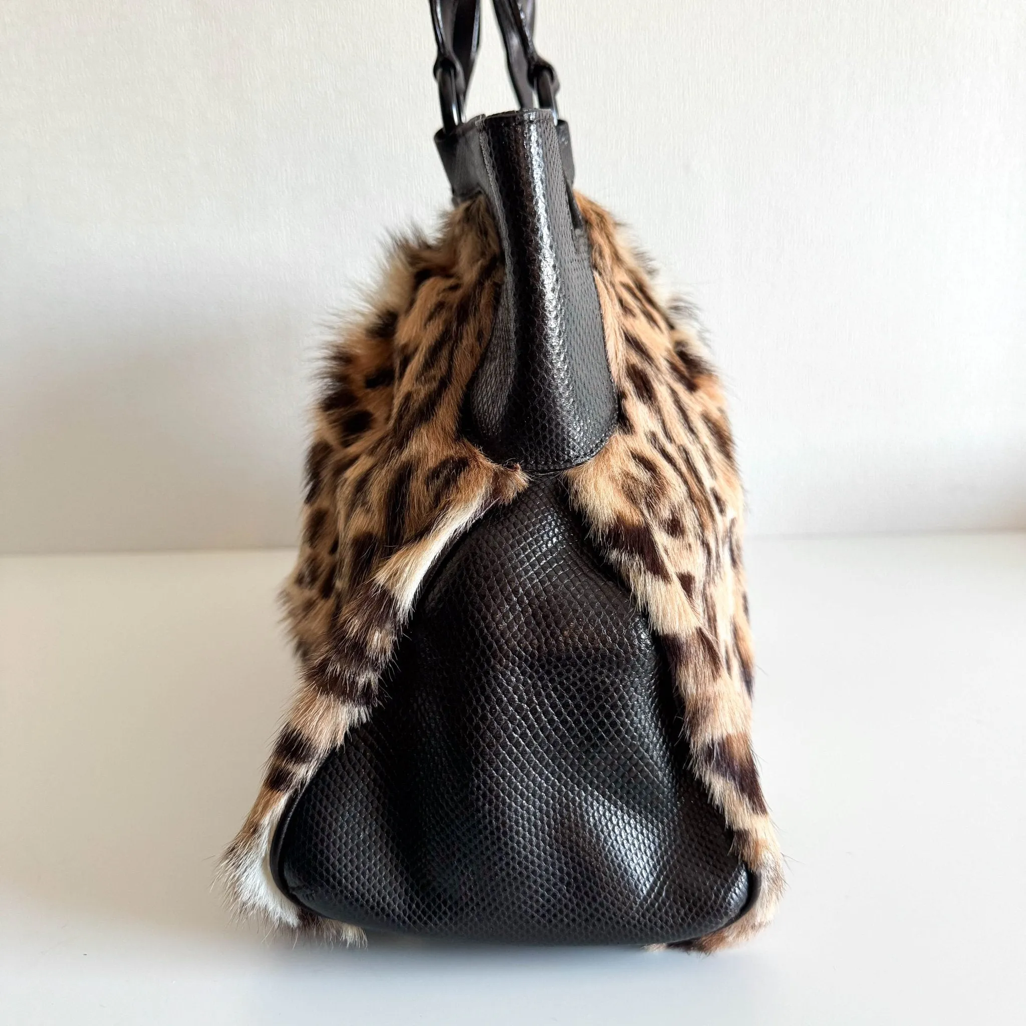 Marcello Leopard Print Fur / Leather Shoulder Tote Handbag