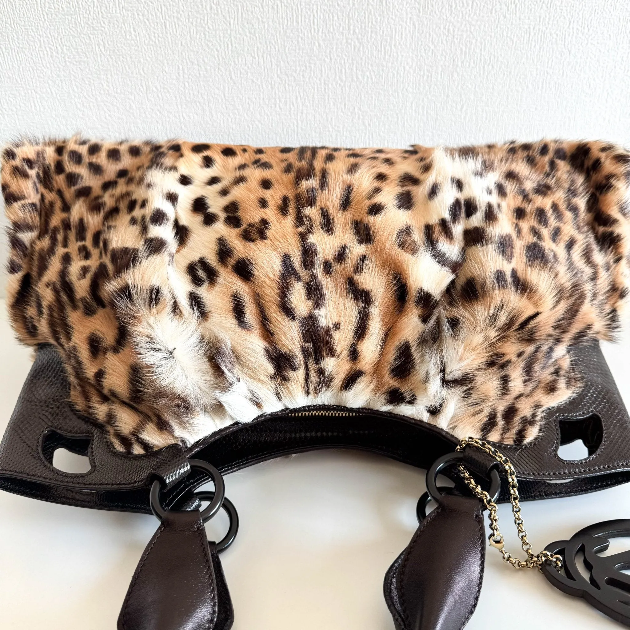 Marcello Leopard Print Fur / Leather Shoulder Tote Handbag
