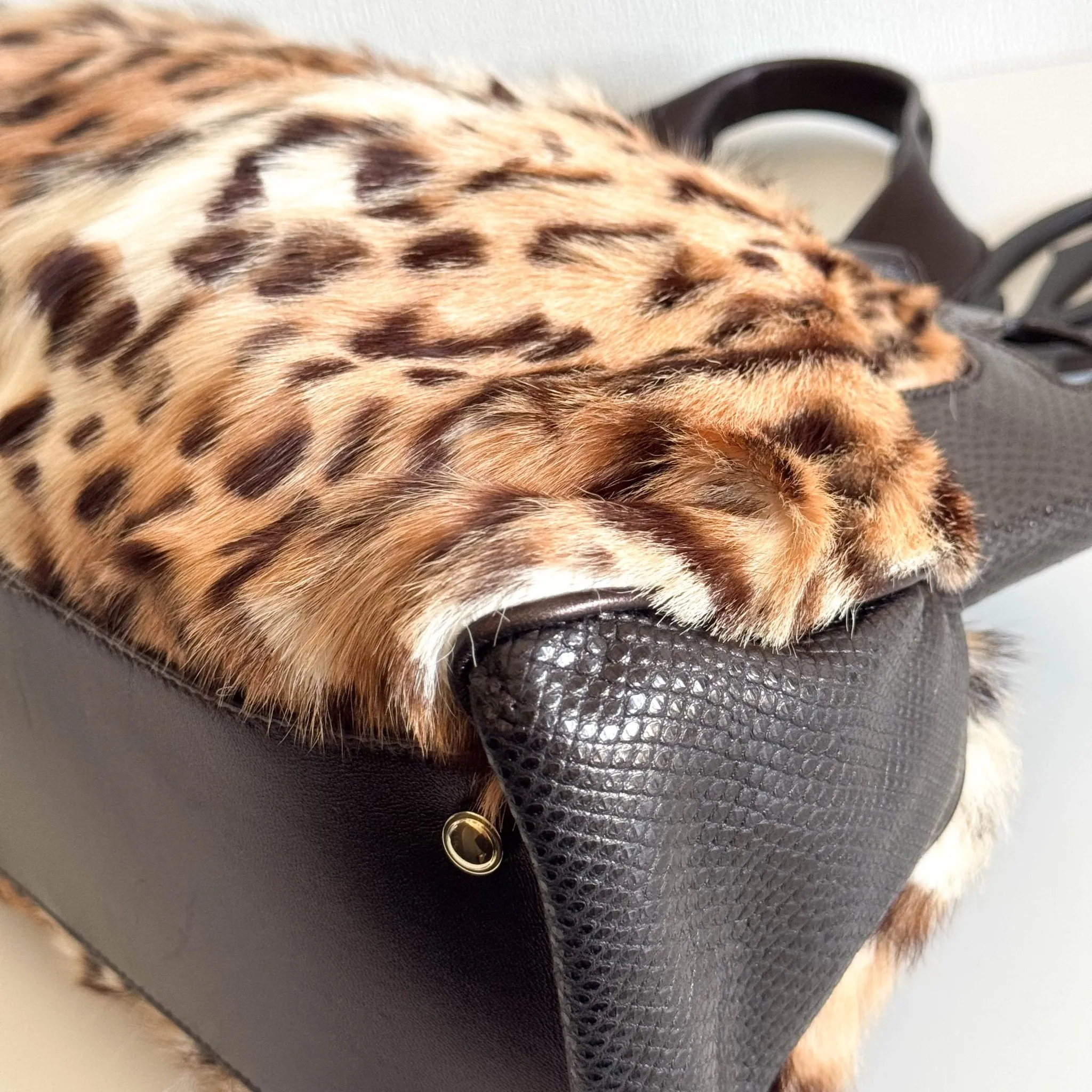 Marcello Leopard Print Fur / Leather Shoulder Tote Handbag