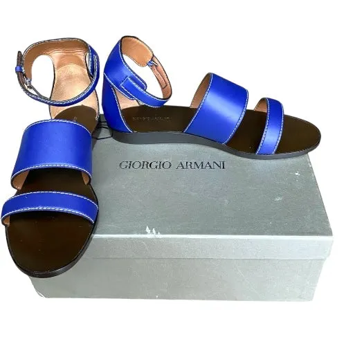 NEW GIORGIO ARMANI Blue Leather Strappy Ankle Strap Flat Sandals, Size 38