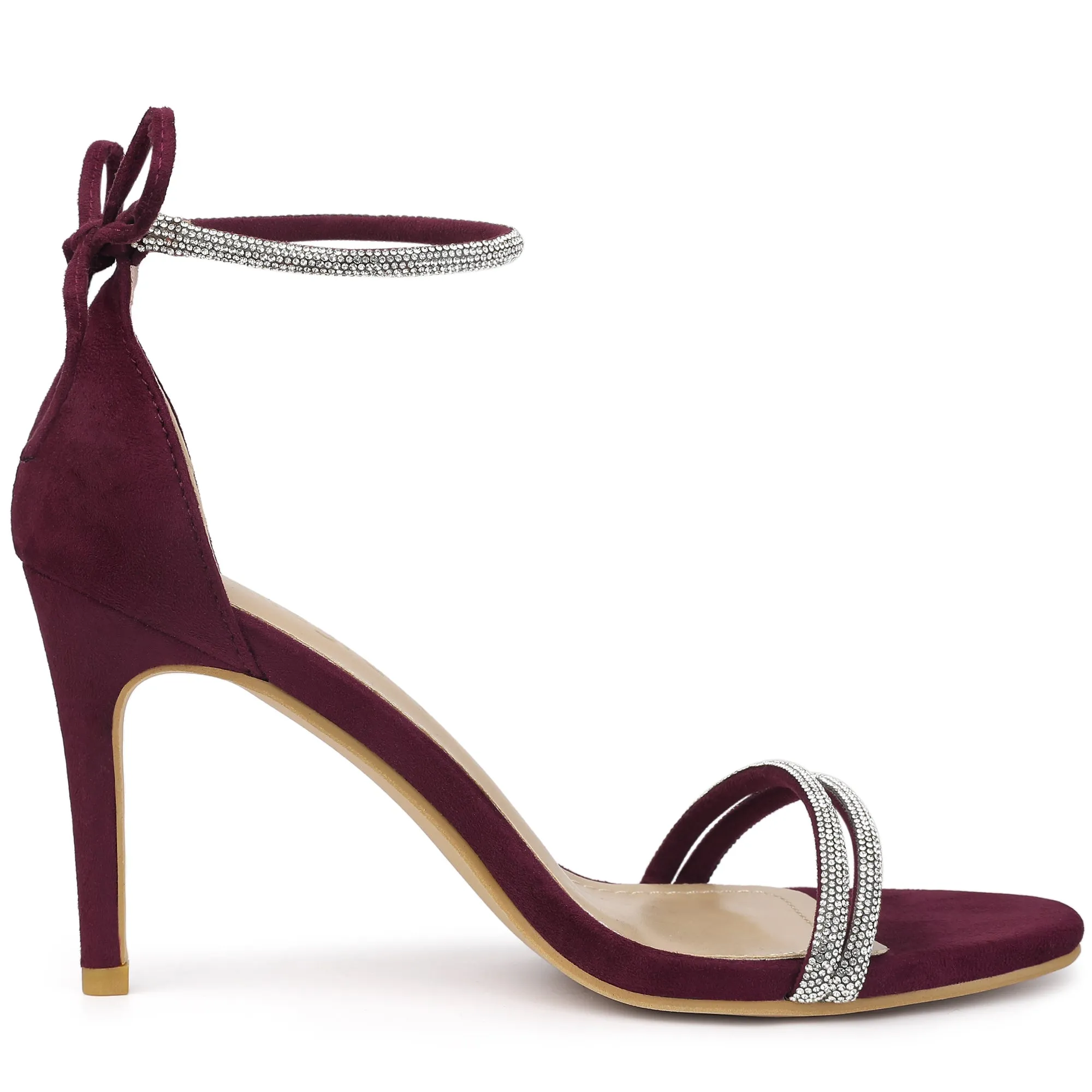 Perphy Round Toe Rhinestone Stiletto Heels Ankle Tie Sandals