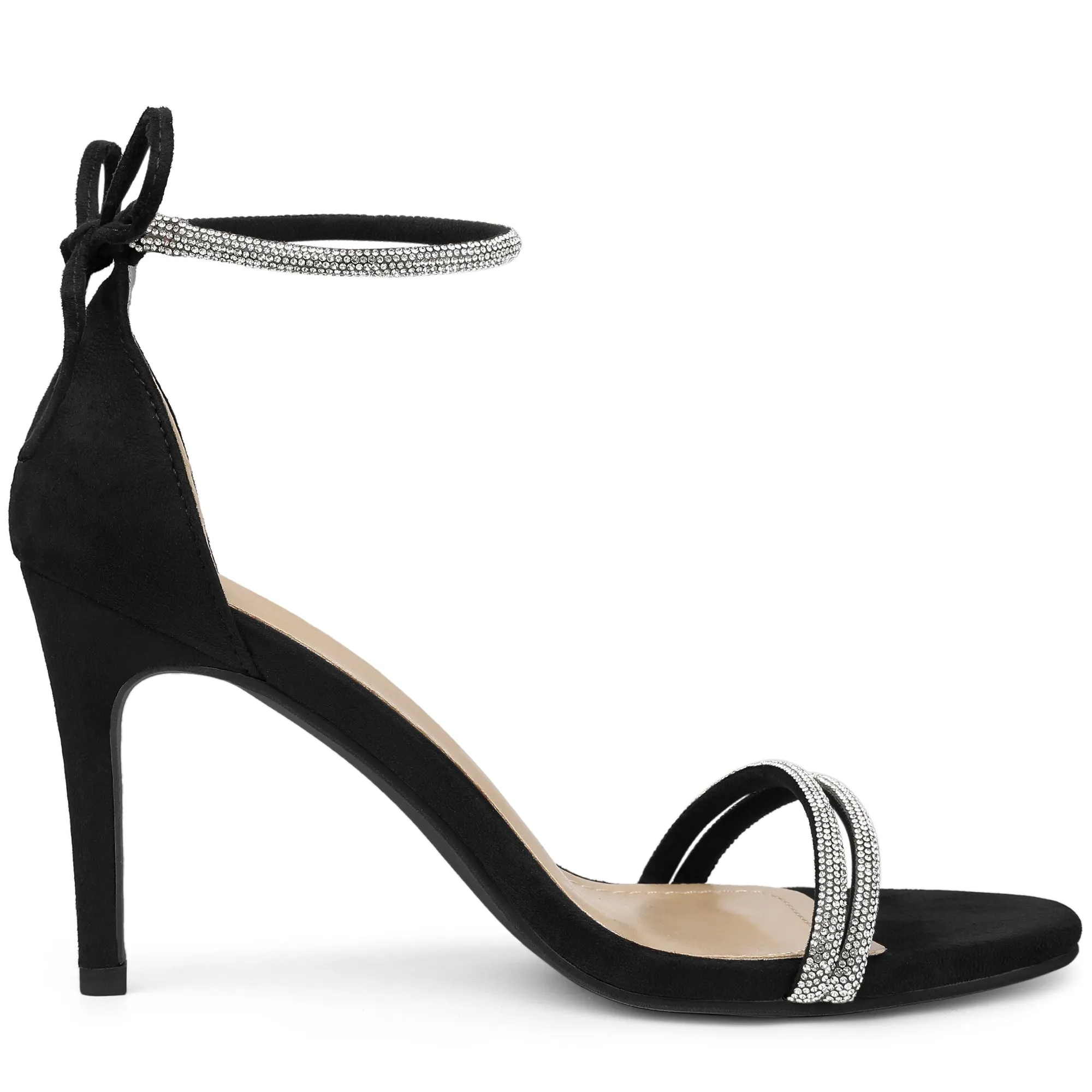 Perphy Round Toe Rhinestone Stiletto Heels Ankle Tie Sandals