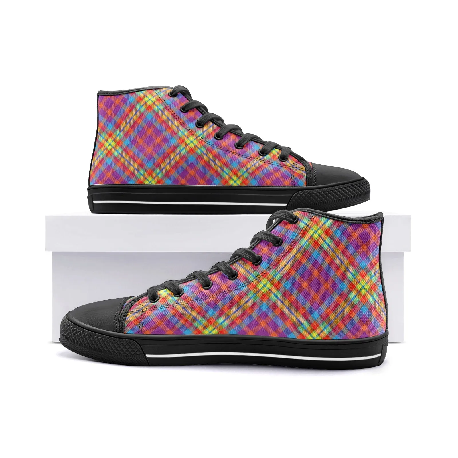 Rainbow Tartan Plaid High Top Canvas Shoes