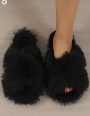 Shein Women's Thick Sole Black Fur Lined Cross Strap Slippers, Size: 40 /