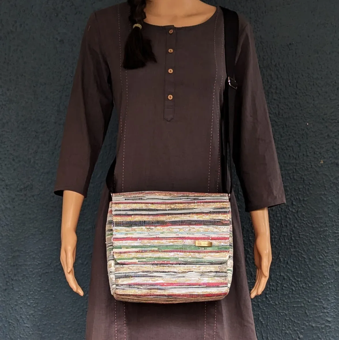 Shimmery Multicolored Striped Upcycled Handwoven Messenger Bag (MB1224-012) PS_W