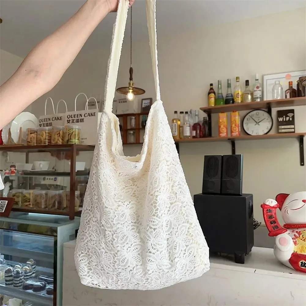 Sohiwoo Canvas Tote Bag for Women Large Capacity Print Canvas Shoulder Bags With Sweet Lace