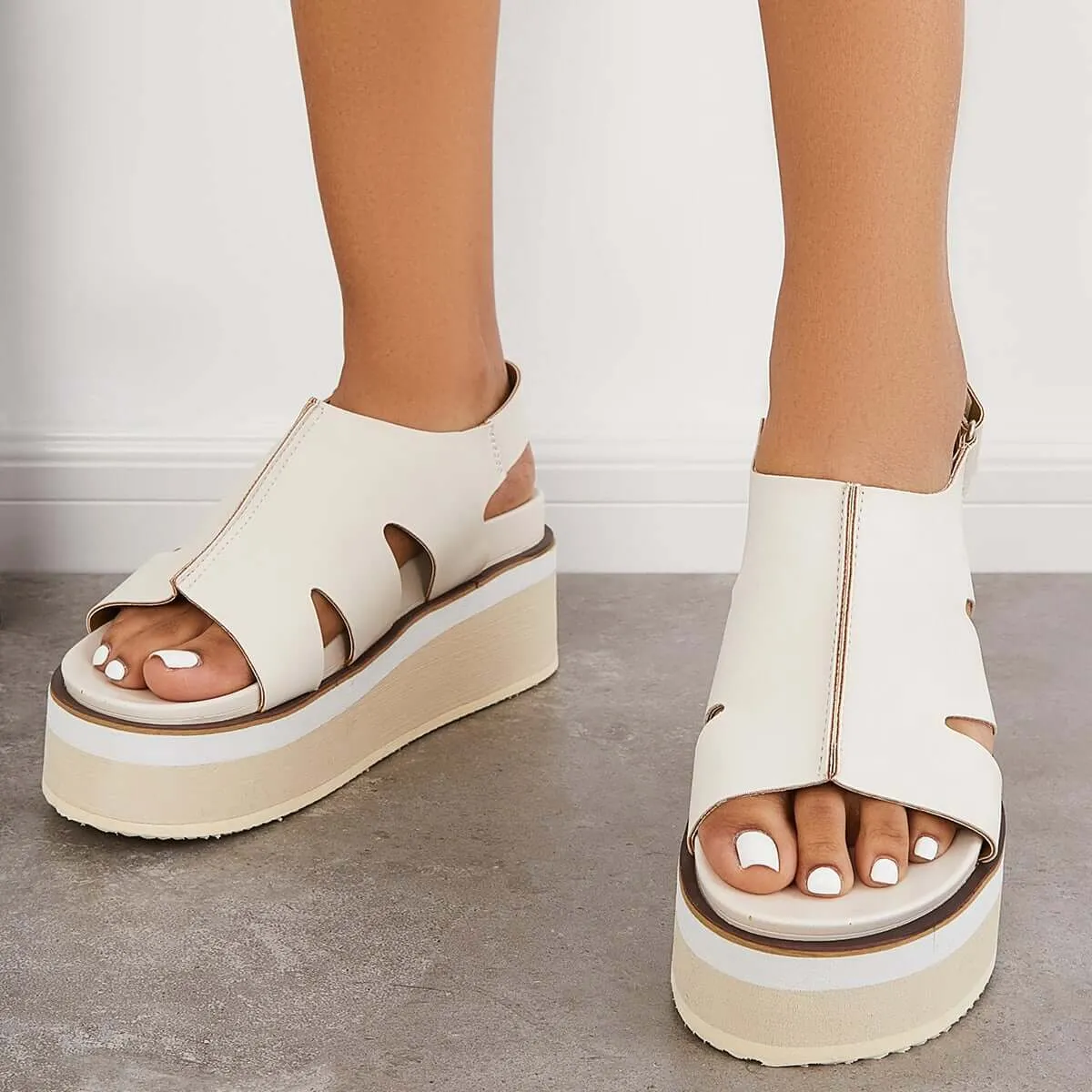 Sohiwoo  Women's Open Toe Platform Wedge Buckle Ankle Strap Sandals