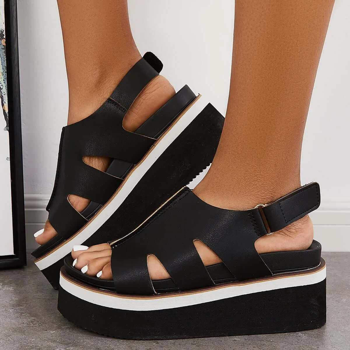 Sohiwoo  Women's Open Toe Platform Wedge Buckle Ankle Strap Sandals