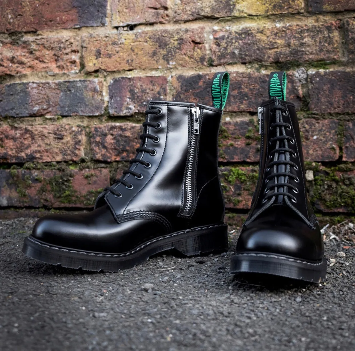 Solovair Black Hi-Shine 8 Eyelet Zip Boot Made In England