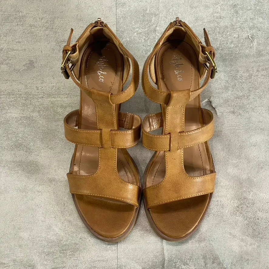 STYLE & CO Women's Brown Smooth Marionn Round-Toe Strappy Wedge Sandals SZ 8.5