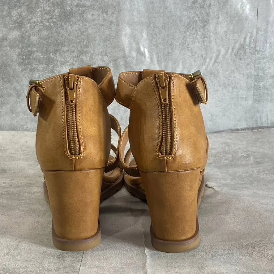 STYLE & CO Women's Brown Smooth Marionn Round-Toe Strappy Wedge Sandals SZ 8.5