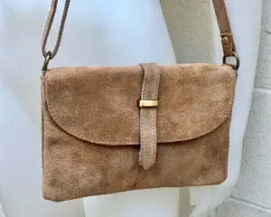 Suede leather bag in  DARK BEIGE . Crossbody bag in GENUINE  leather. Light brown  small leather bag with adjustable strap and zipper.