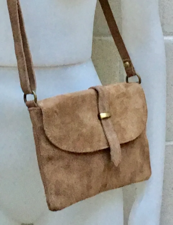 Suede leather bag in  DARK BEIGE . Crossbody bag in GENUINE  leather. Light brown  small leather bag with adjustable strap and zipper.