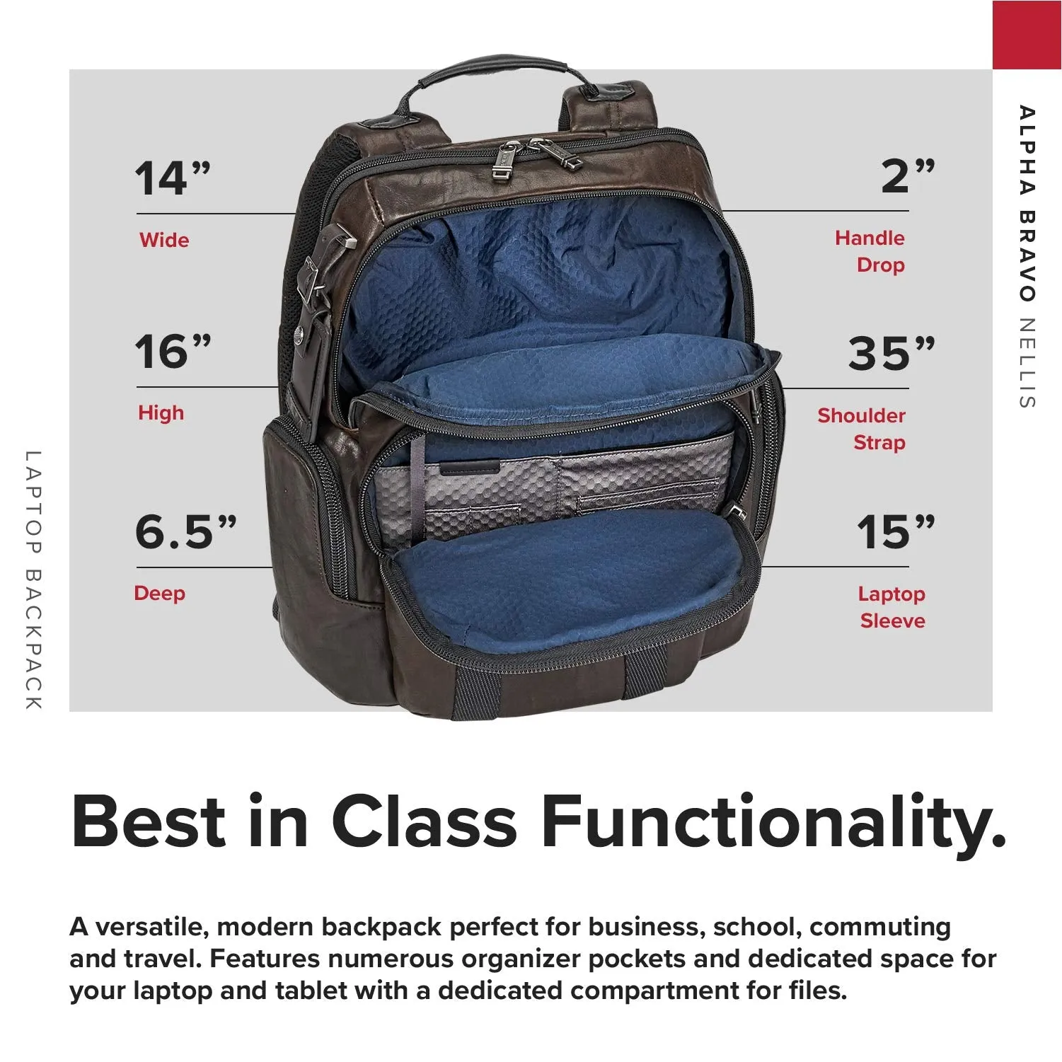 TUMI - Alpha Bravo Nellis Leather Laptop Backpack - 15 Inch Computer Bag for Men and Women - Dark Brown