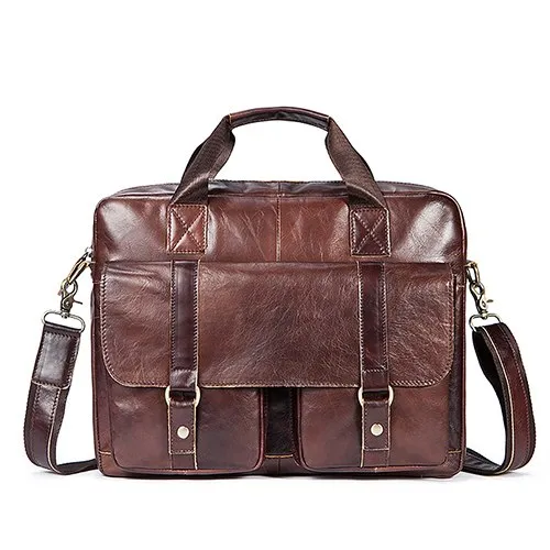 Vintage Men'S Genuine Leather Briefcase 14" Cowhide Business Bag Cow Leather Laptop Double Layer