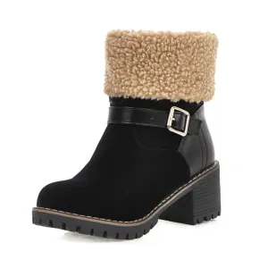 Winter Suede Chunky Heel Buckle Ankle Boots